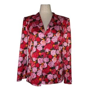 Vintage Ellen Tracy Linda Allard Floral Blazer Jacket Pink Red Silk Blend 14
